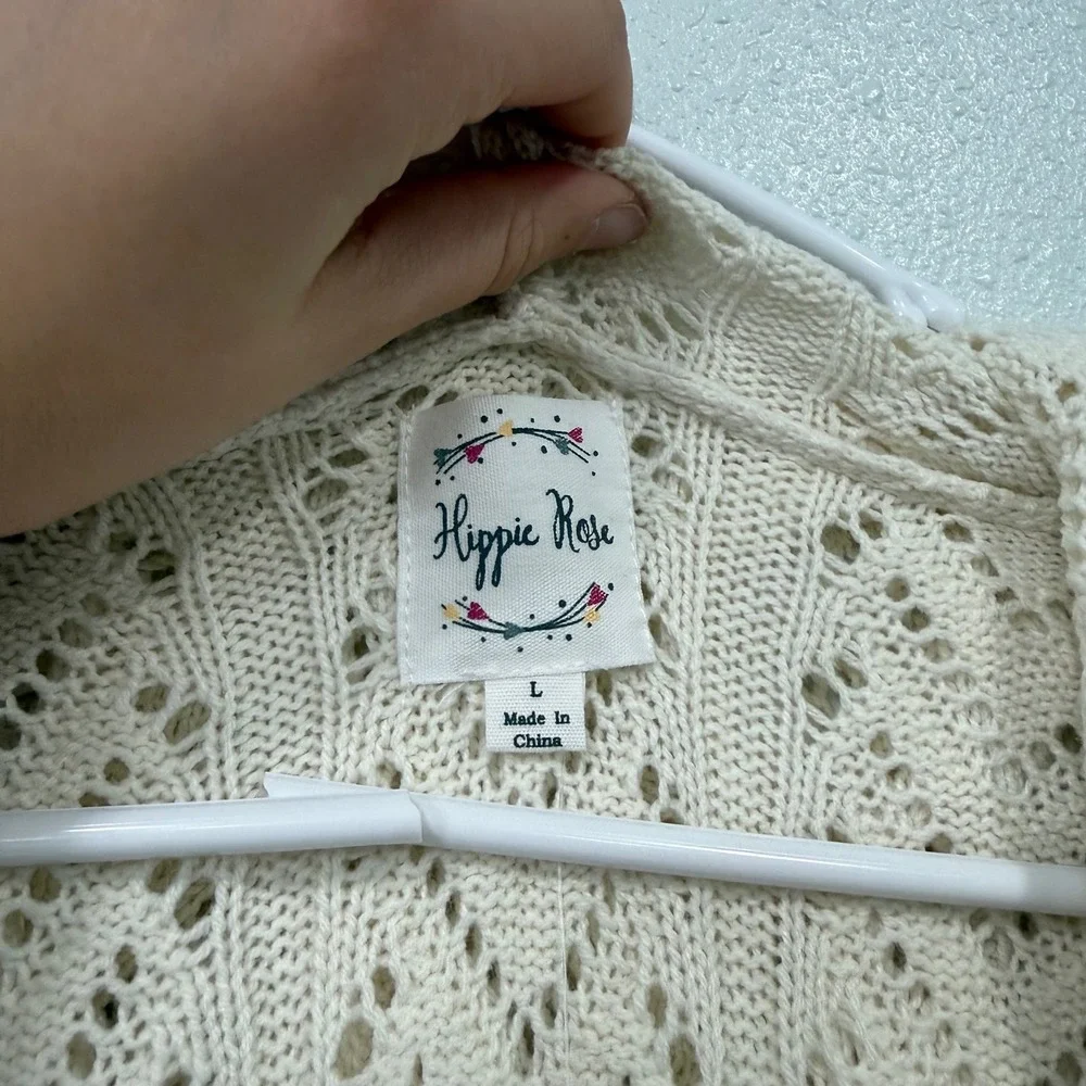 Hippie Rose Womens Cream Pointelle Chevron Knit Hooded Open Front Cardigan L NEW